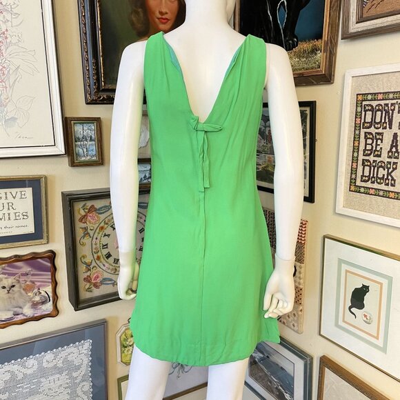 60s Vintage Mod Neon Green Crepe Sleeveless A-Line Mini Dress with Rhinestones S - Picture 4 of 10
